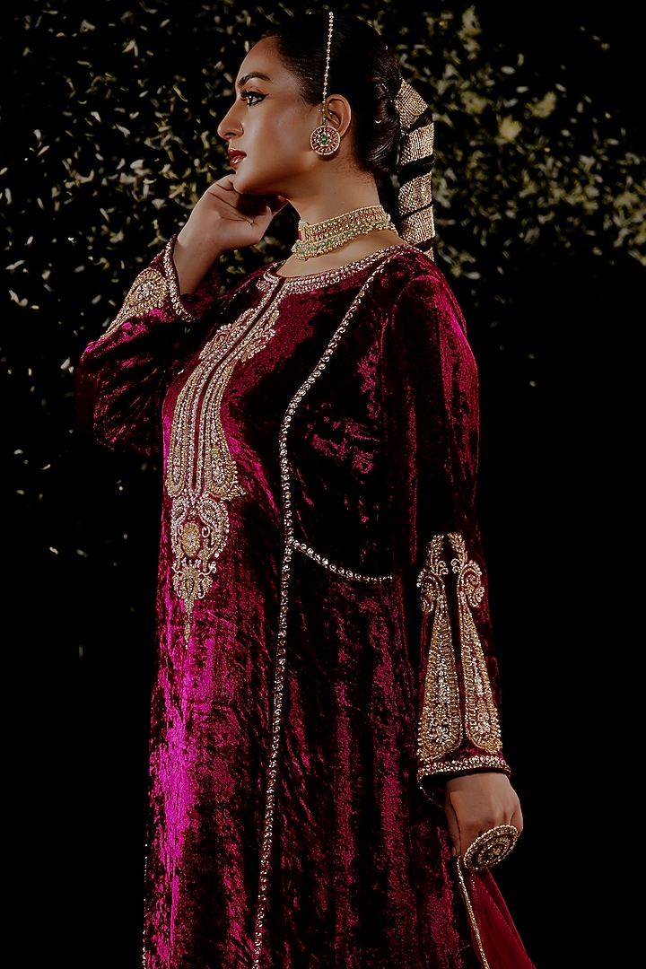 Wine Velvet Hand Embroidered A-Line Kurta Set by Gul by Aishwarya at Pernia's Pop Up Shop