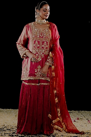Pink Satin Silk Embroidered Gharara Set by Gul by Aishwarya