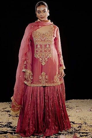 Pink Satin Silk Embroidered Gharara Set by Gul by Aishwarya