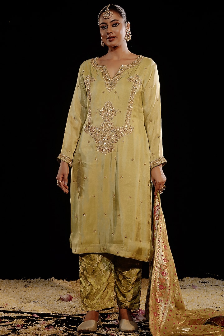 Light Green Tissue Satin Hand Embroidered Kurta Set by Gul by Aishwarya at Pernia's Pop Up Shop