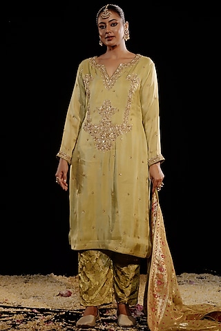 Light Green Tissue Satin Hand Embroidered Kurta Set by Gul by Aishwarya