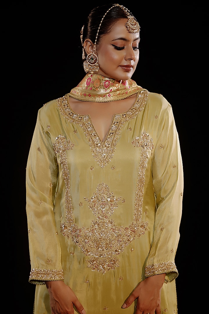 Light Green Tissue Satin Hand Embroidered Kurta Set by Gul by Aishwarya at Pernia's Pop Up Shop
