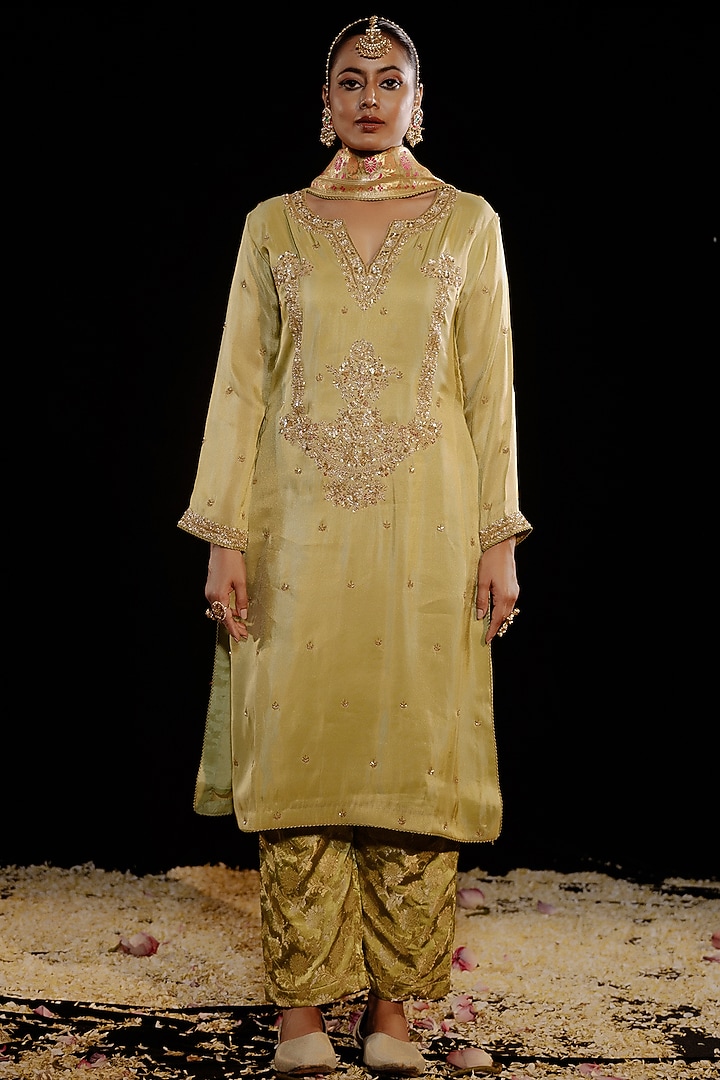 Light Green Tissue Satin Hand Embroidered Kurta Set by Gul by Aishwarya at Pernia's Pop Up Shop