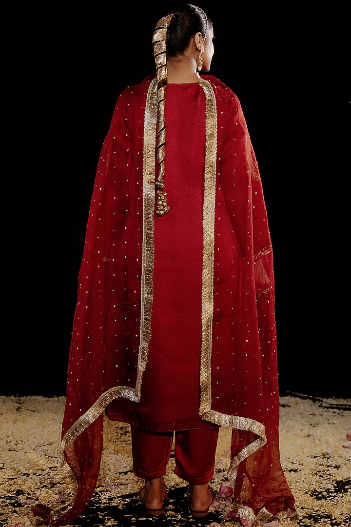 Maroon Satin Silk Hand Embroidered Kurta Set by Gul by Aishwarya at Pernia's Pop Up Shop