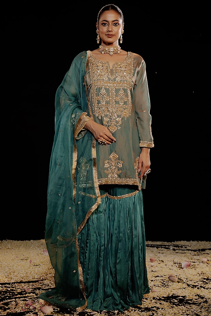 Green Satin Silk Embroidered Gharara Set by Gul by Aishwarya at Pernia's Pop Up Shop