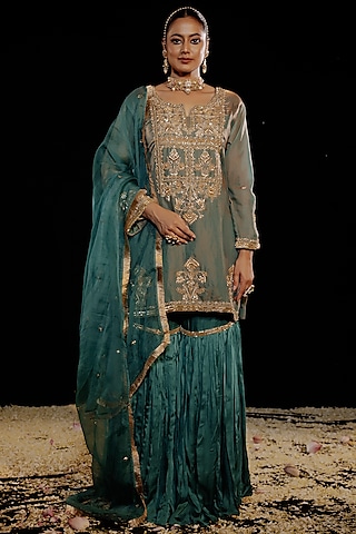 Green Satin Silk Embroidered Gharara Set by Gul by Aishwarya