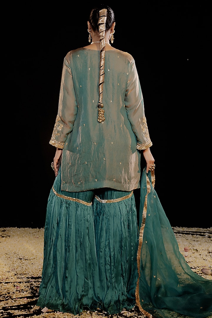 Green Satin Silk Embroidered Gharara Set by Gul by Aishwarya at Pernia's Pop Up Shop