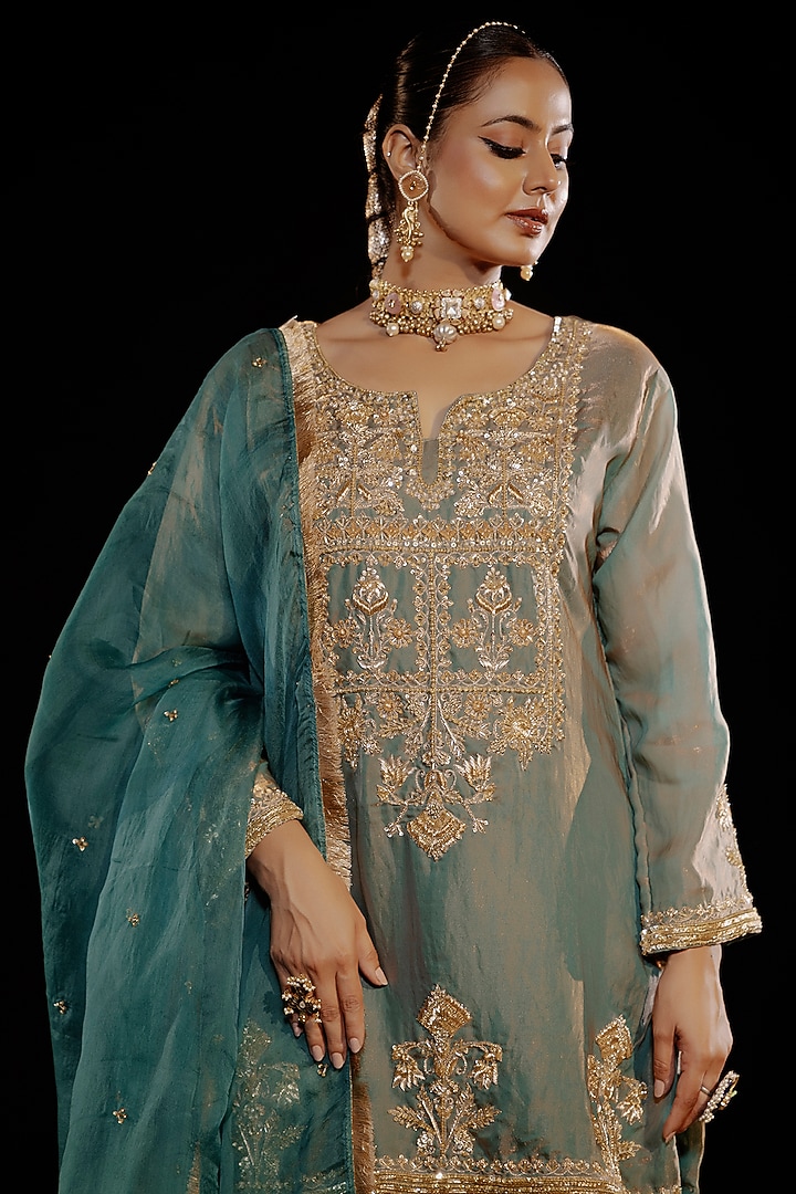 Green Satin Silk Embroidered Gharara Set by Gul by Aishwarya at Pernia's Pop Up Shop