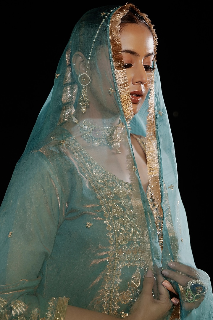 Green Satin Silk Embroidered Gharara Set by Gul by Aishwarya at Pernia's Pop Up Shop