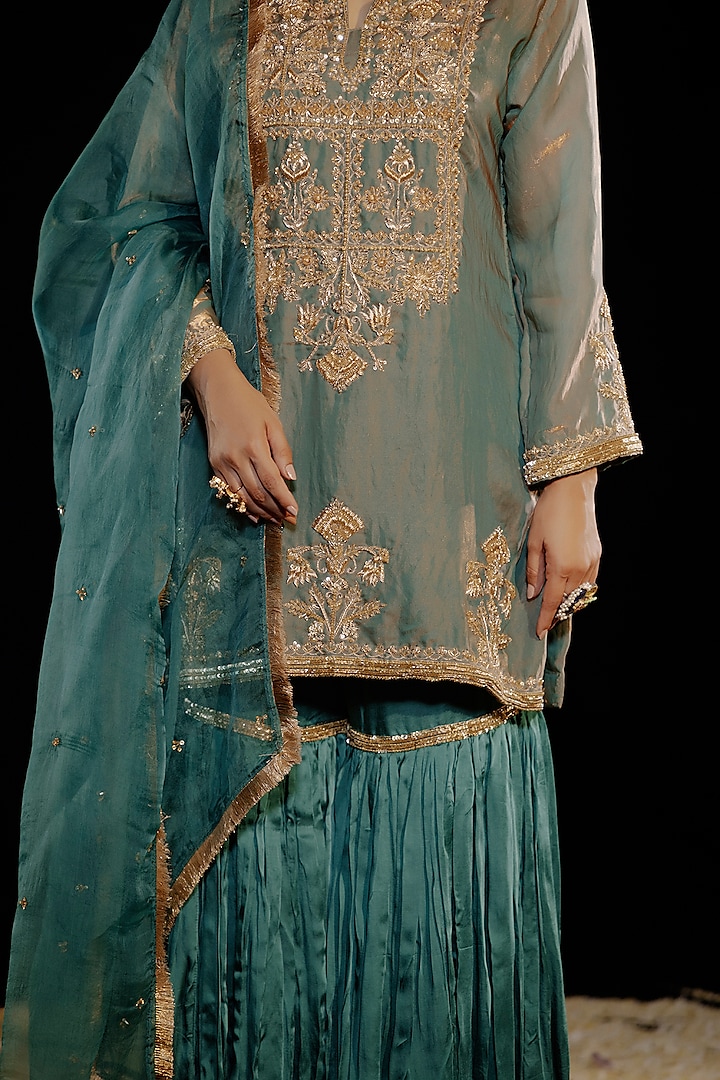 Green Satin Silk Embroidered Gharara Set by Gul by Aishwarya at Pernia's Pop Up Shop