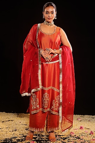 Rust Tissue Hand Embroidered Kurta Set by Gul by Aishwarya