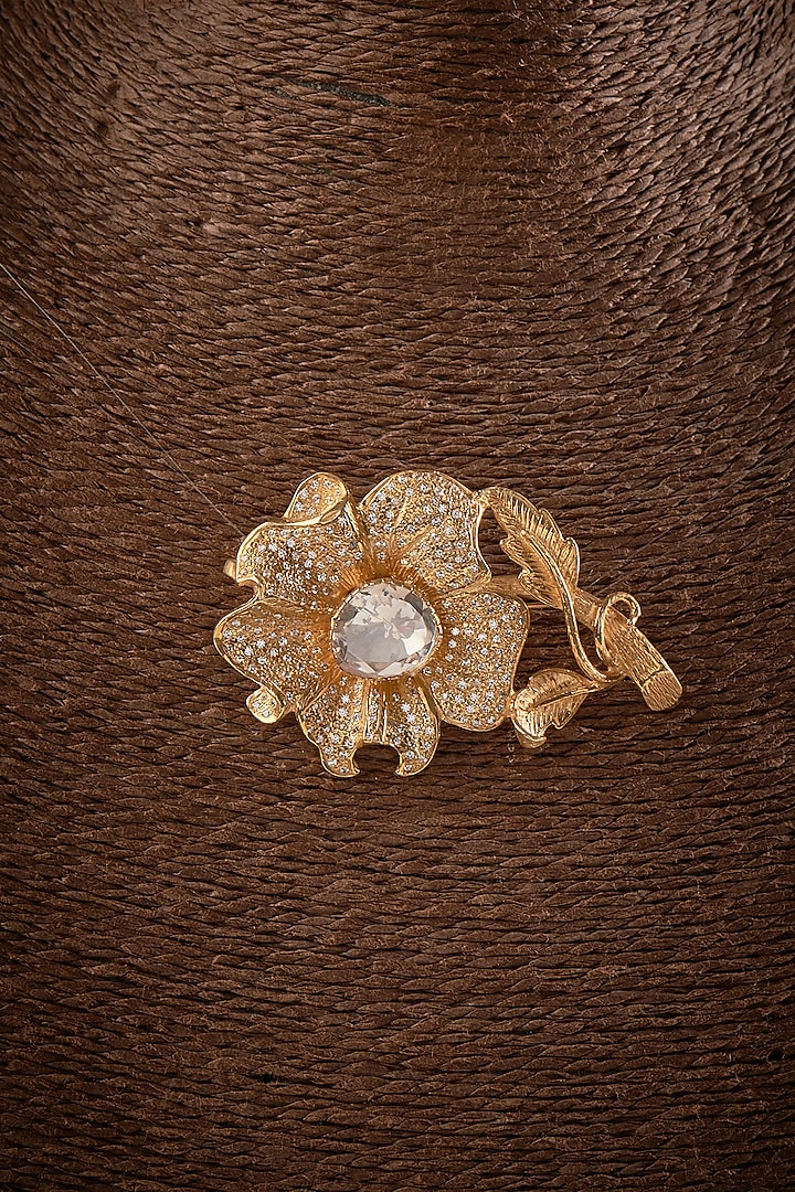 Gold Finish Kundan Polki Floral Brooch In Sterling Silver by GBS Gehna