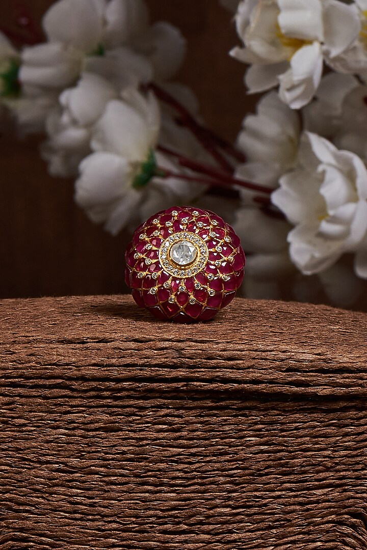 Gold Finish Red Stone Ring In Sterling Silver by GBS Gehna at Pernia's Pop Up Shop