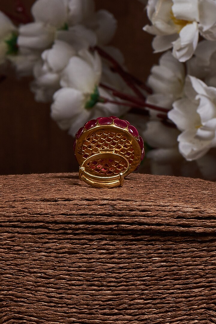 Gold Finish Red Stone Ring In Sterling Silver by GBS Gehna at Pernia's Pop Up Shop