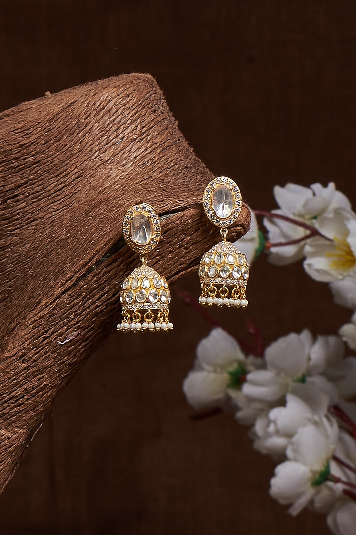 Gold Finish Kundan Polki Jhumka Earrings In Sterling Silver by GBS