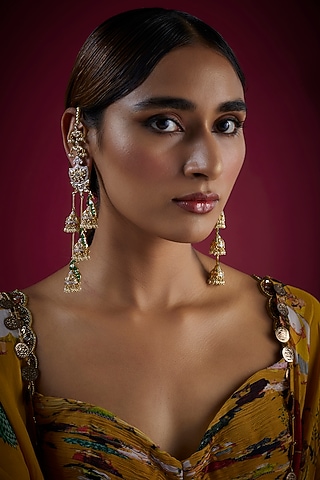 Gold Finish Kundan Polki Long Jhumka Earrings In Sterling Silver by GBS Gehna
