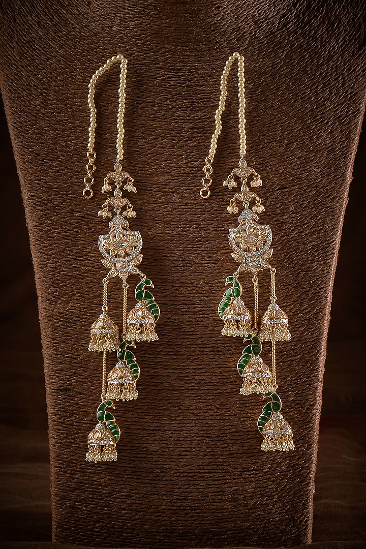 Gold Finish Kundan Polki Long Jhumka Earrings In Sterling Silver by GBS Gehna at Pernia's Pop Up Shop