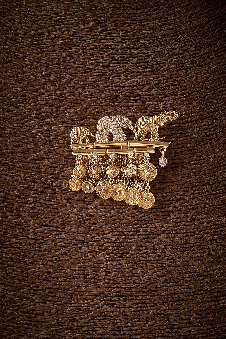 Gold Finish Kundan Polki Elephant Brooch In Sterling Silver by GBS Gehna
