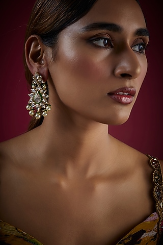 Gold Finish Kundan Polki Dangler Earrings In Sterling Silver by GBS Gehna