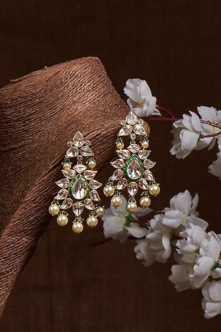 Gold Finish Kundan Polki Dangler Earrings In Sterling Silver by GBS Gehna at Pernia's Pop Up Shop