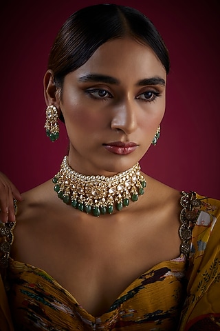 Gold Finish Kundan Polki Choker Necklace Set In Sterling Silver by GBS Gehna