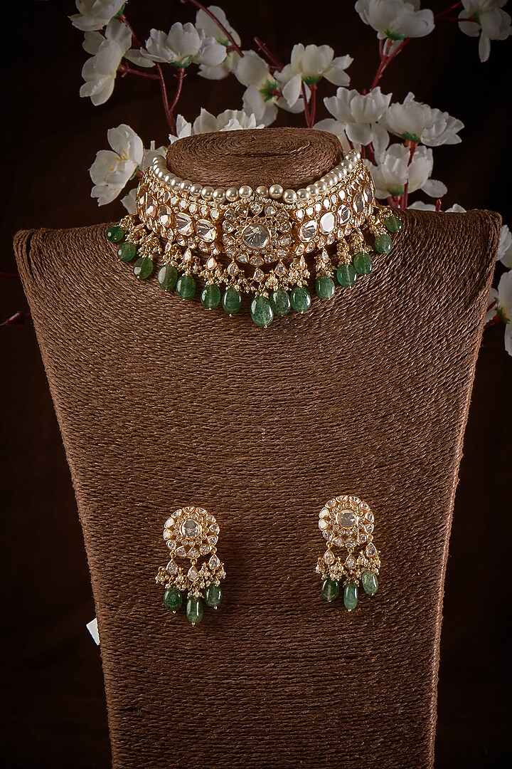 Gold Finish Kundan Polki Choker Necklace Set In Sterling Silver by GBS Gehna at Pernia's Pop Up Shop