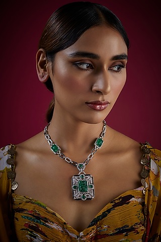 White Finish Zircon & Green Stone Pendant Necklace In Sterling Silver by GBS Gehna