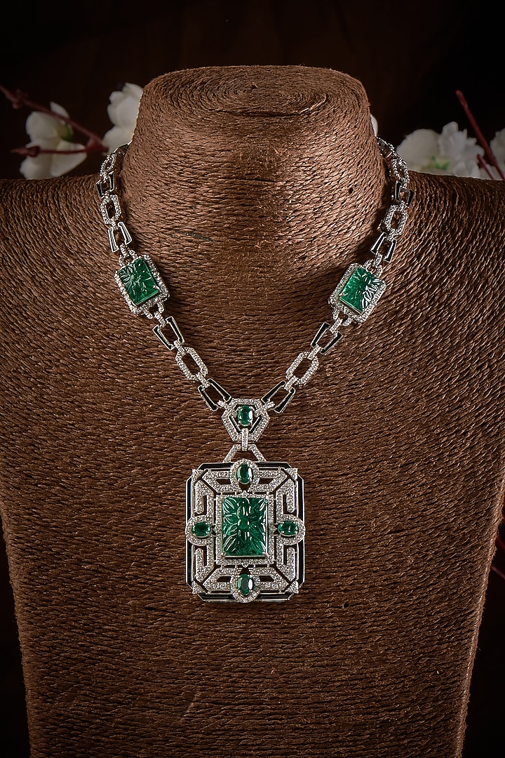 White Finish Zircon & Green Stone Pendant Necklace In Sterling Silver by GBS Gehna at Pernia's Pop Up Shop