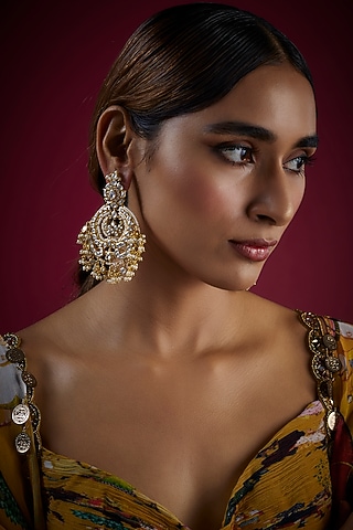 Gold Finish Kundan Polki Chandbaali Earrings In Sterling Silver by GBS Gehna