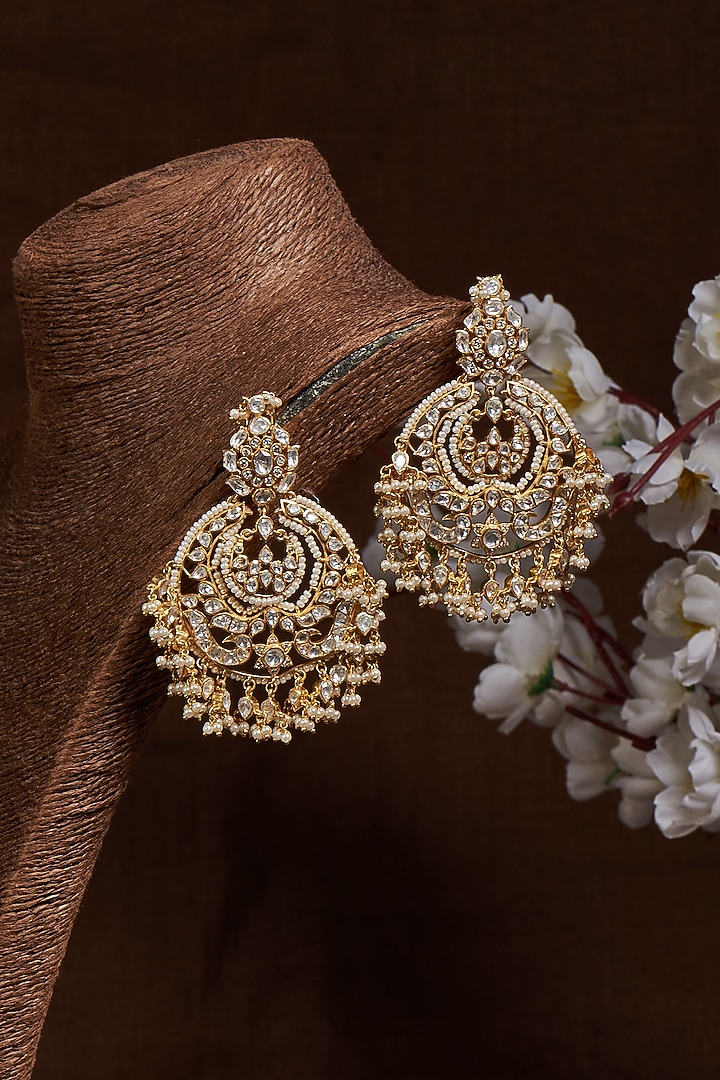 Gold Finish Kundan Polki Chandbaali Earrings In Sterling Silver by GBS Gehna at Pernia's Pop Up Shop
