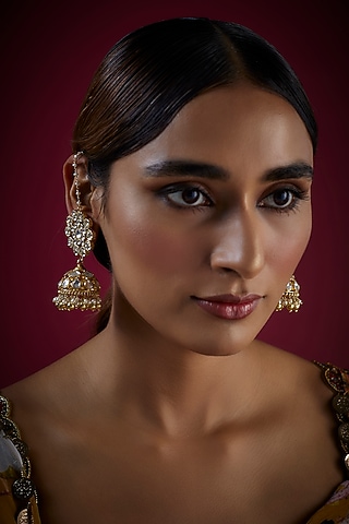 Gold Finish Kundan Polki Jhumka Earrings In Sterling Silver by GBS Gehna
