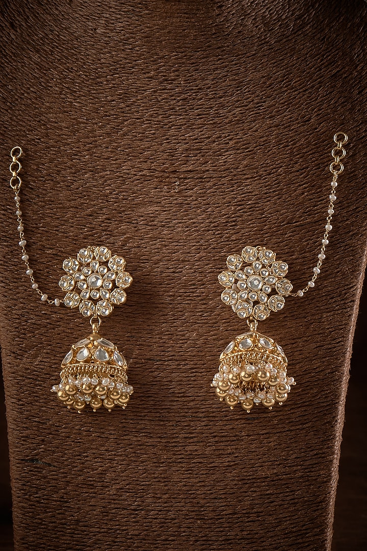 Gold Finish Kundan Polki Jhumka Earrings In Sterling Silver by GBS Gehna at Pernia's Pop Up Shop