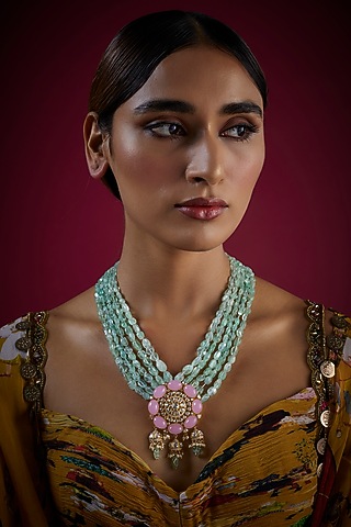 Gold Finish Stone & Kundan Polki Pendant Necklace In Sterling Silver by GBS Gehna