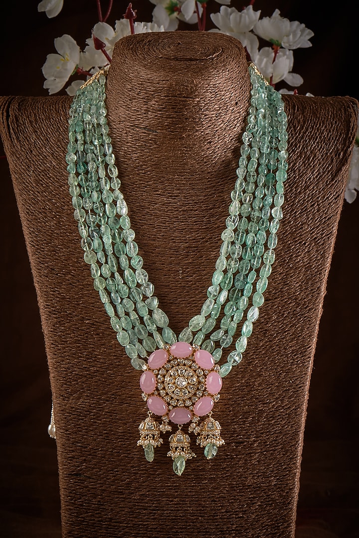 Gold Finish Stone & Kundan Polki Pendant Necklace In Sterling Silver by GBS Gehna at Pernia's Pop Up Shop