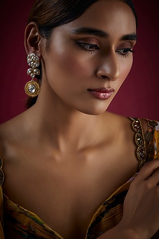 Gold Finish Kundan Polki Dangler Earrings In Sterling Silver by GBS Gehna