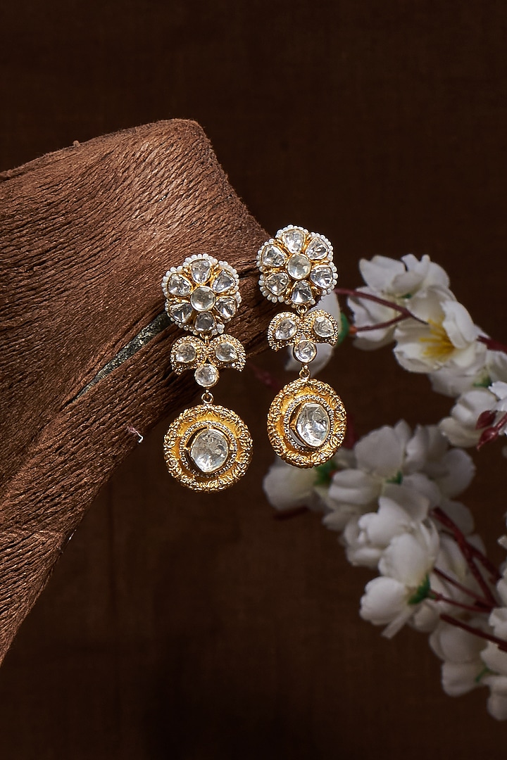Gold Finish Kundan Polki Dangler Earrings In Sterling Silver by GBS Gehna at Pernia's Pop Up Shop