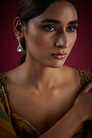 Gold Finish Kundan Polki Dangler Earrings In Sterling Silver by GBS Gehna