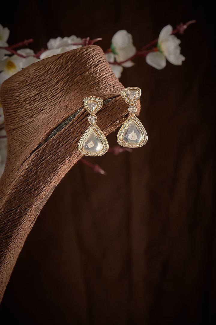 Gold Finish Kundan Polki Dangler Earrings In Sterling Silver by GBS Gehna at Pernia's Pop Up Shop
