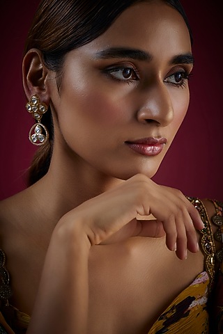 Gold Finish Kundan Polki Dangler Earrings In Sterling Silver by GBS Gehna