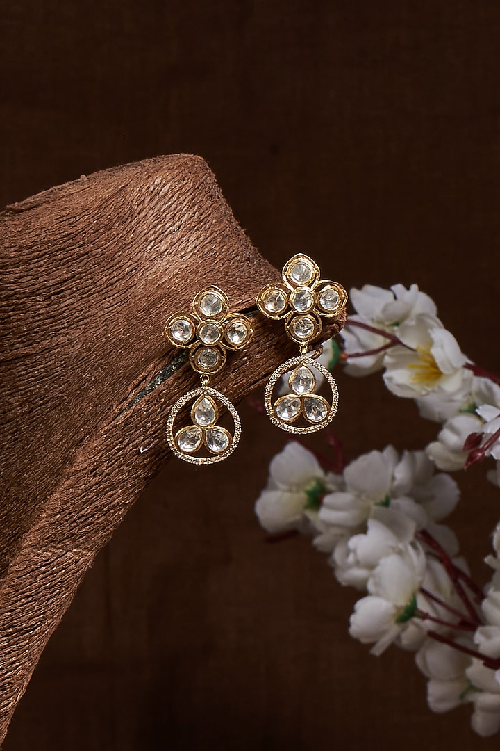 Gold Finish Kundan Polki Dangler Earrings In Sterling Silver by GBS Gehna at Pernia's Pop Up Shop
