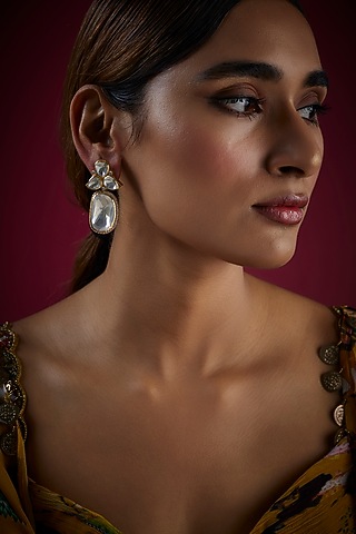 Gold Finish Kundan Polki Dangler Earrings In Sterling Silver by GBS Gehna