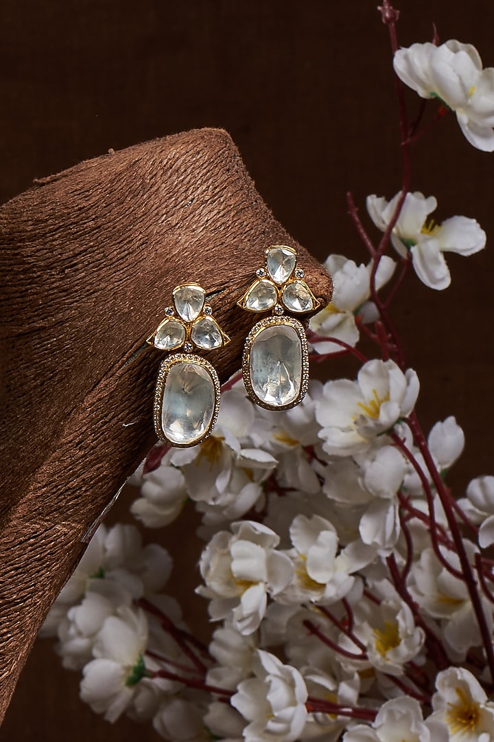 Gold Finish Kundan Polki Dangler Earrings In Sterling Silver by GBS Gehna at Pernia's Pop Up Shop