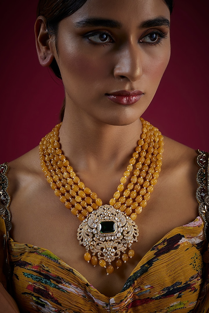 Gold Finish Pearl & Kundan Polki Long Necklace In Sterling Silver by GBS Gehna