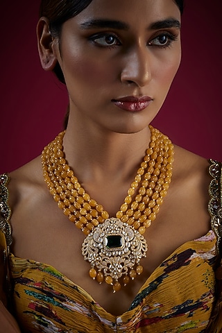 Gold Finish Pearl & Kundan Polki Long Necklace In Sterling Silver by GBS Gehna