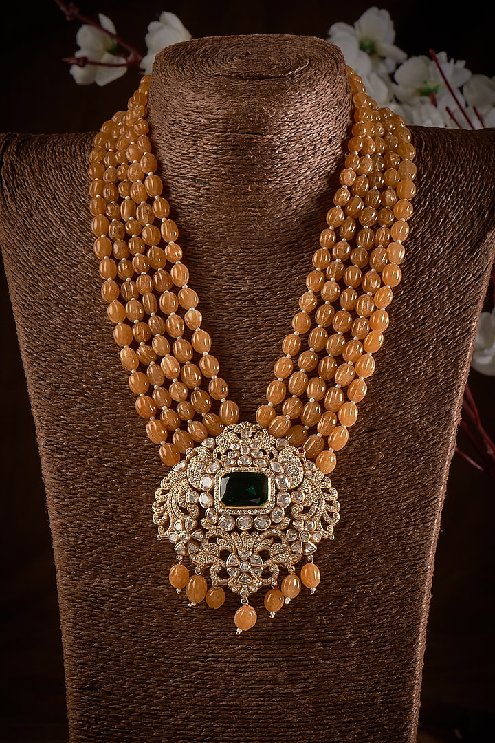 Gold Finish Pearl & Kundan Polki Long Necklace In Sterling Silver by GBS Gehna at Pernia's Pop Up Shop