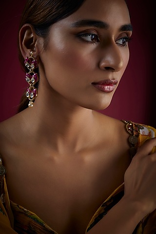 Gold Finish Kundan Polki Dangler Earrings In Sterling Silver by GBS Gehna