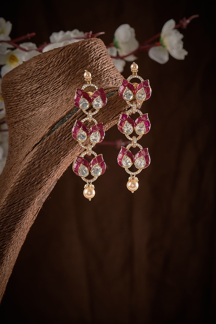 Gold Finish Kundan Polki Dangler Earrings In Sterling Silver by GBS Gehna at Pernia's Pop Up Shop
