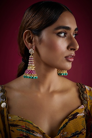 Gold Finish Kundan Polki Dangler Earrings In Sterling Silver by GBS Gehna