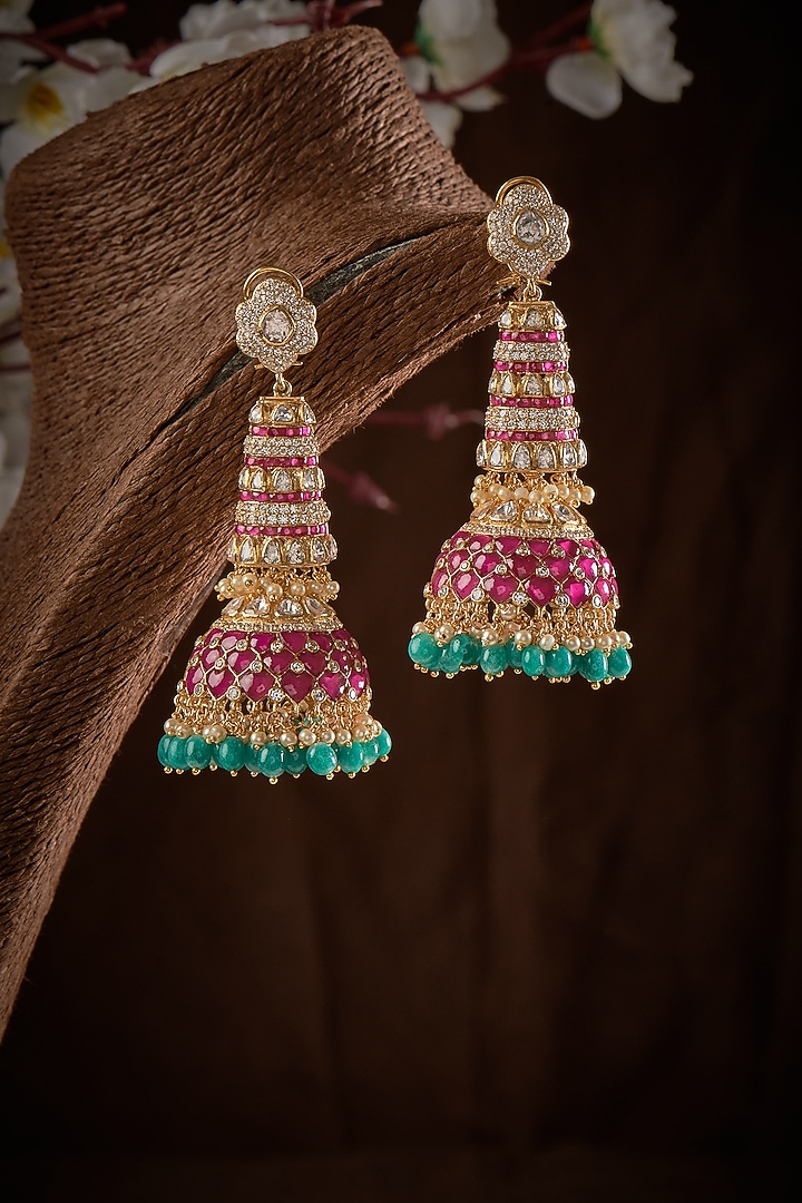Gold Finish Kundan Polki Dangler Earrings In Sterling Silver by GBS Gehna at Pernia's Pop Up Shop