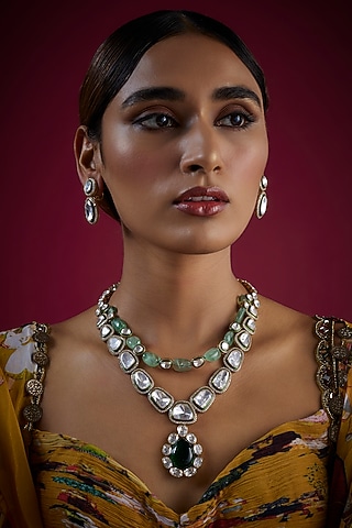 Gold Finish Kundan Polki & Green Stone Long Necklace Set In Sterling Silver by GBS Gehna